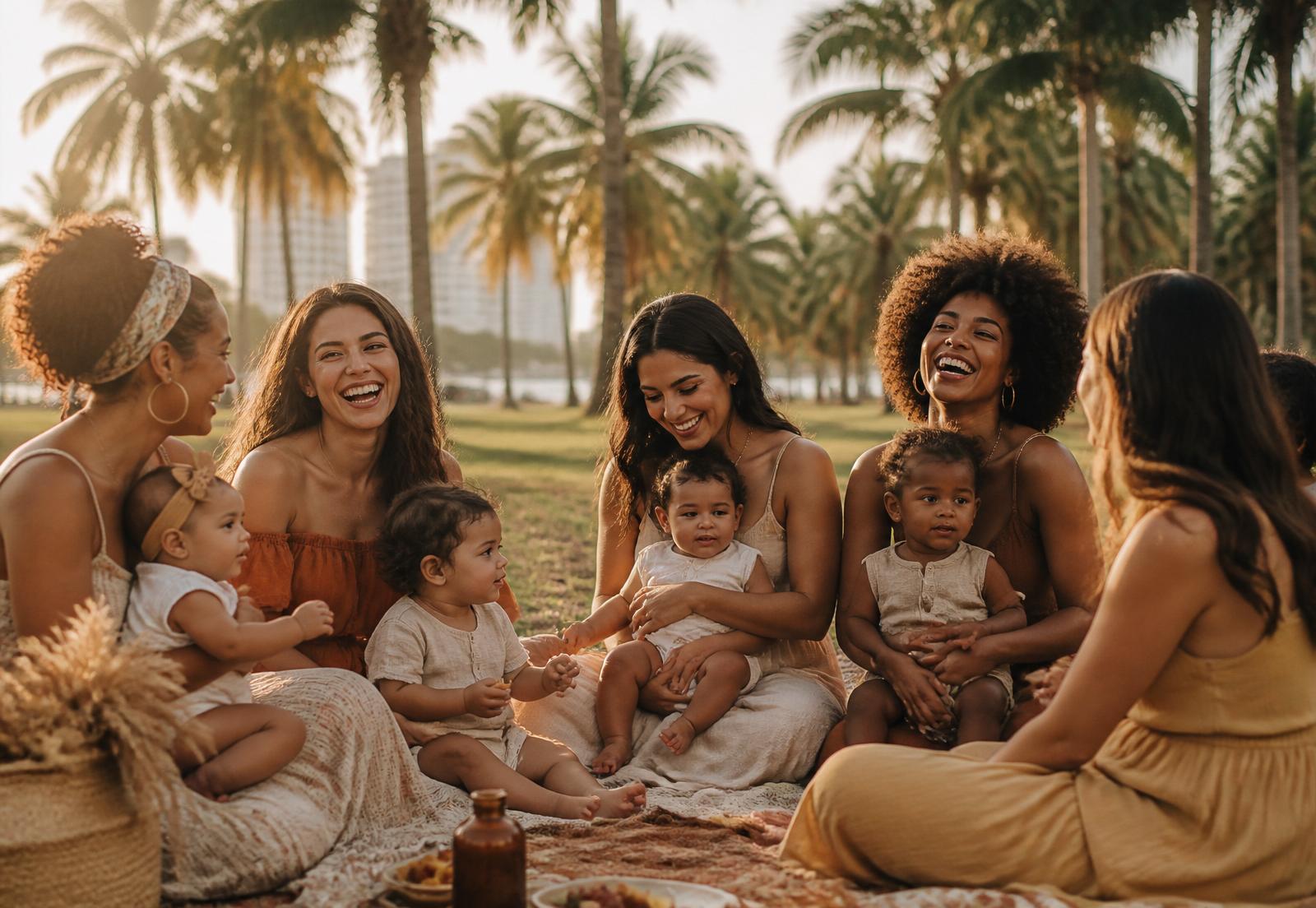 A group of Miami moms and their babies laughing together in a sunlit park